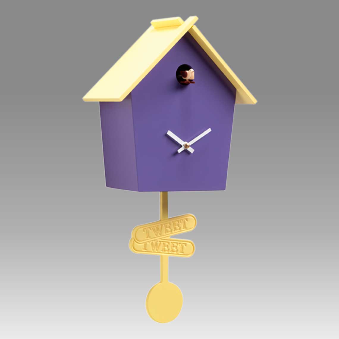 Modern cuckoo clock Art.tweet 2603 lacquered with acrilic color violet with roof and pendulum yellow lemon